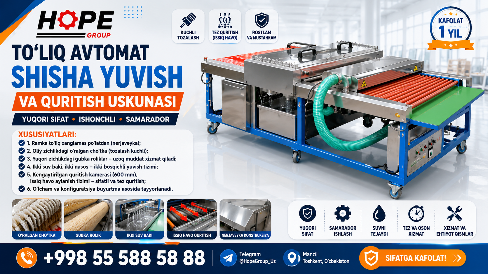 To‘liq Avtomatik Oyna Yuvish va Quritish Uskunasi ( 1600mm)